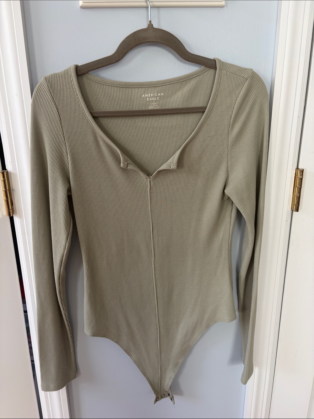 American Eagle Outfitters Long-Sleeve Ribbed Bodysuit in Olive